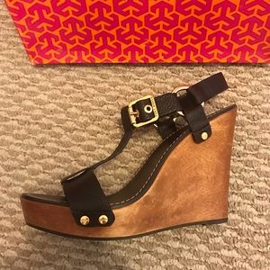 Tory Burch leather wedges with gold buckle